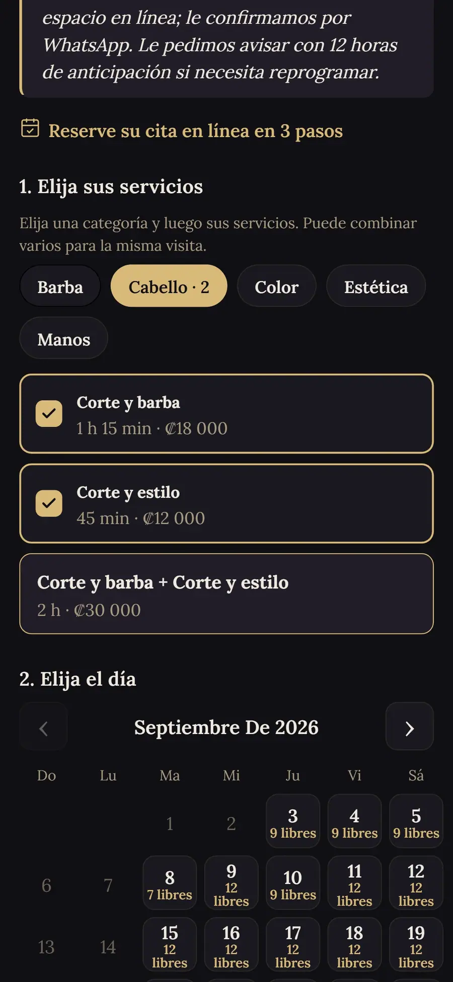 Dos servicios seleccionados, con el precio y la duración sumados