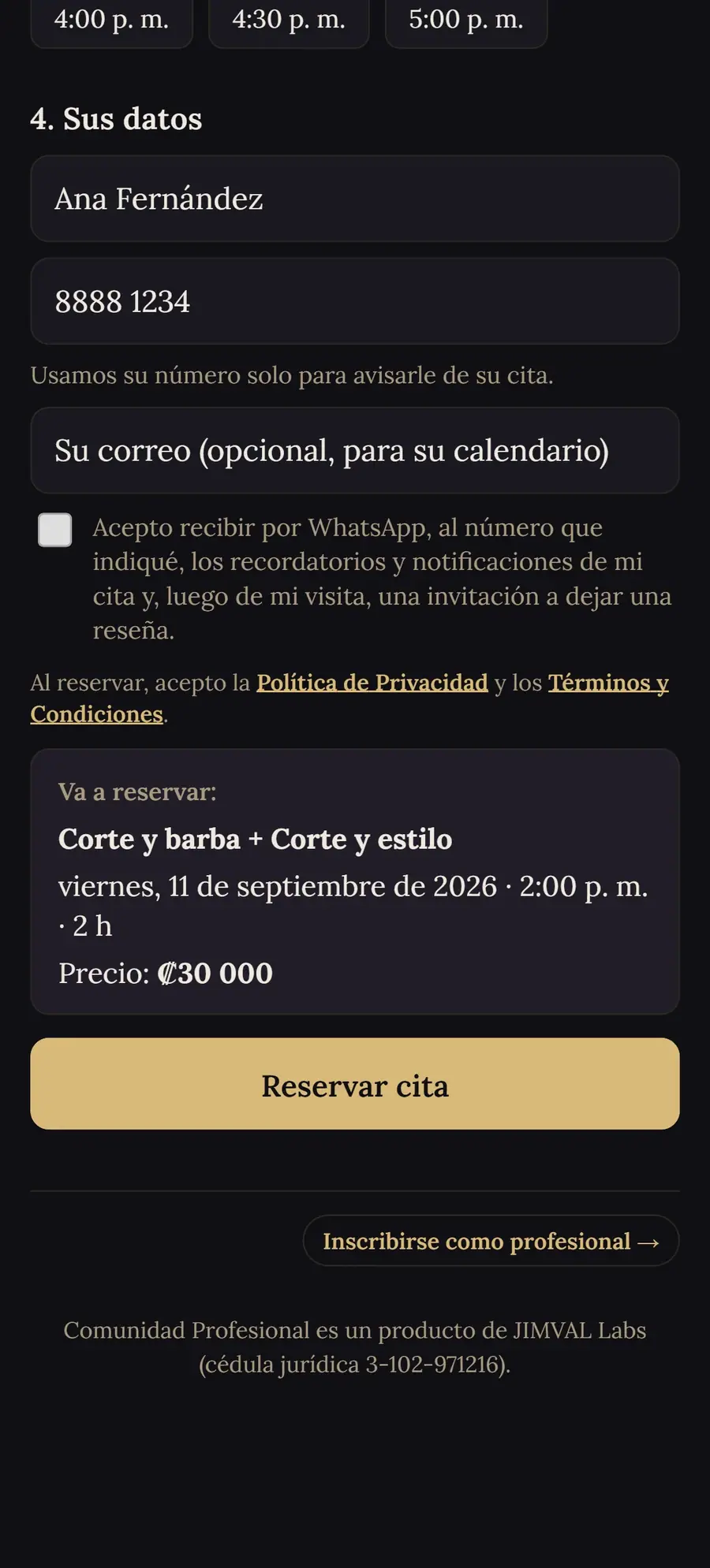 Resumen de la reserva con los datos del cliente antes de confirmar