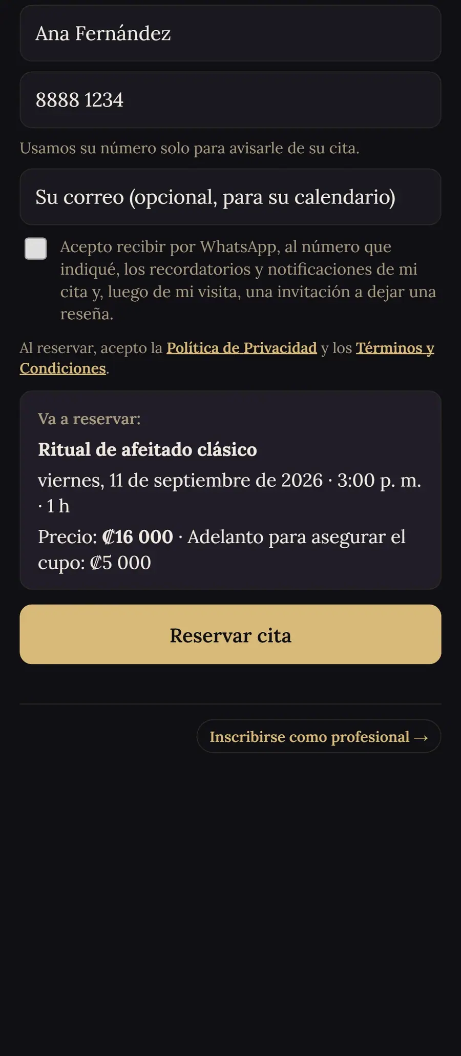 Pantalla para reportar el adelanto por SINPE con el comprobante